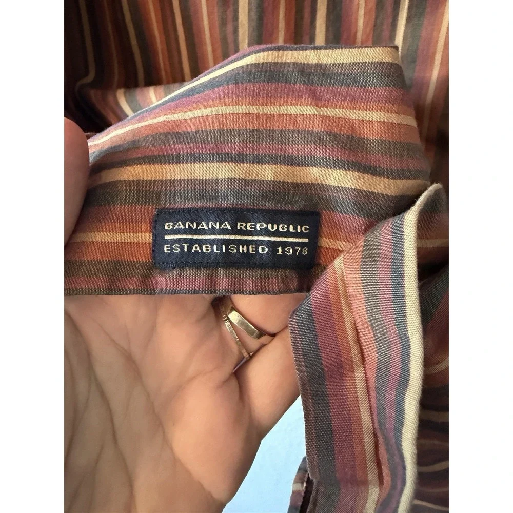 Banana Republic Mens Shirt Large Red Pink Striped Long Sleeve Size Large
